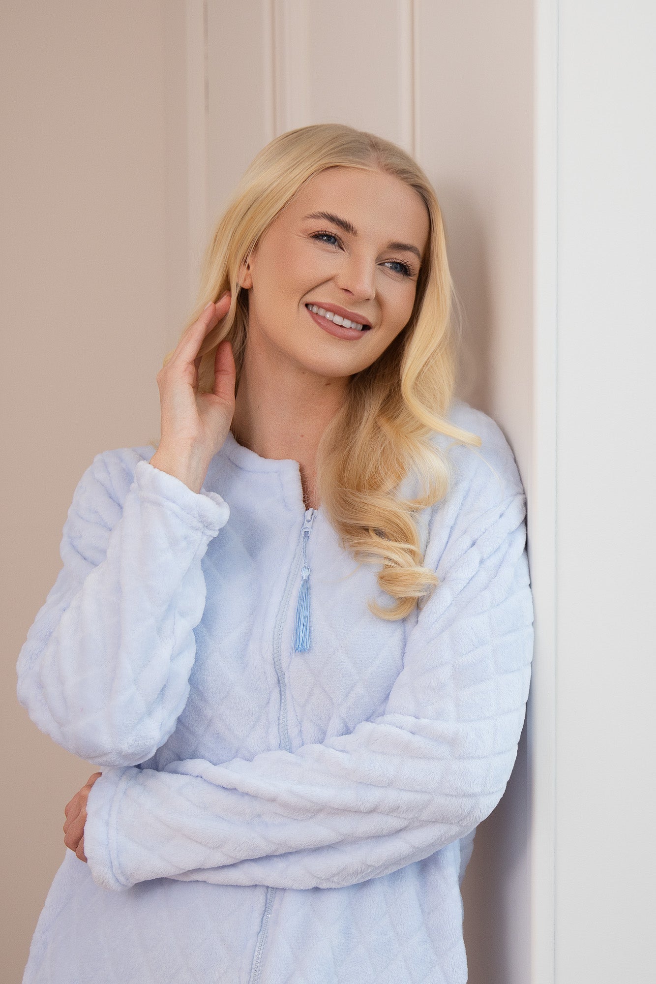 Womens Supersoft Light Blue Zip Front Diamond Print Housecoat
