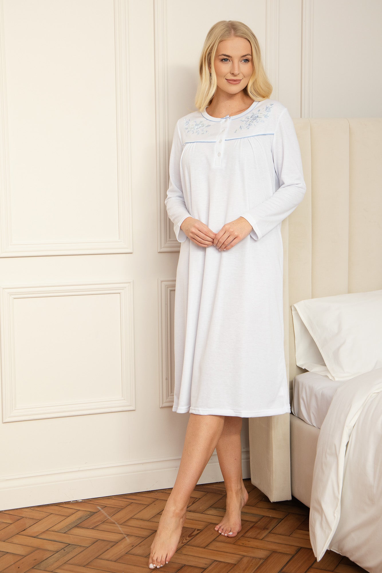 Camille Women's Light Blue Long Sleeve Nightdress with Embroidery & Buttons