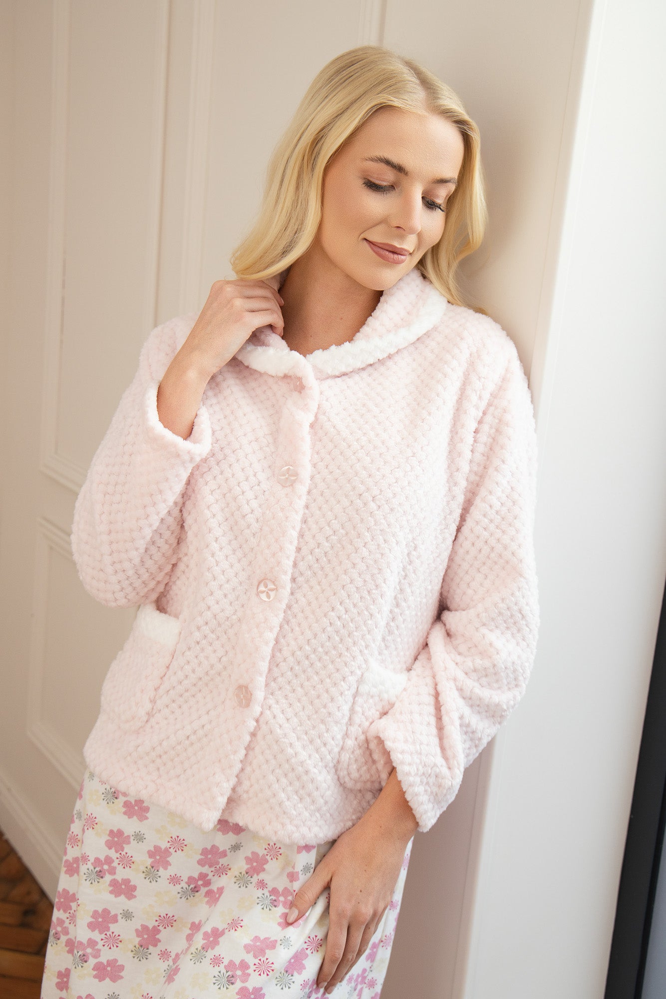 Camille Women's Supersoft Fleece Button Front Bed Jacket with Pockets
