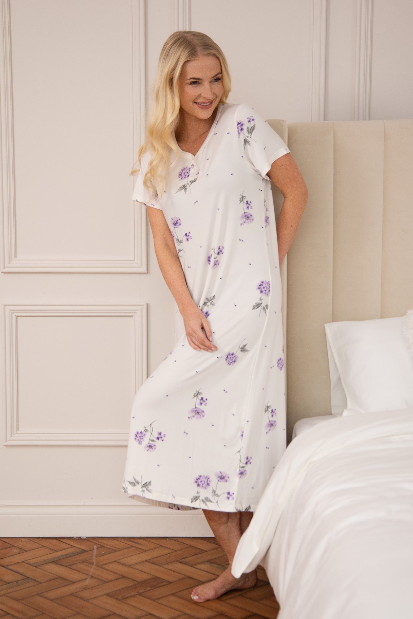 Camille Womens Luxury Short Sleeve Hydrangeas Floral Nightdress