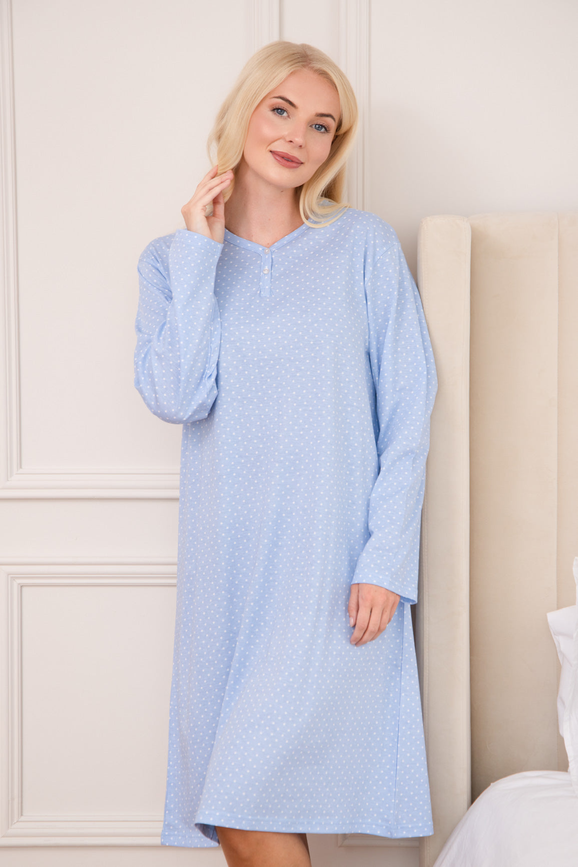 Womens 100% Organic Cotton Classic Knee Length Long Sleeved Nightdress
