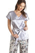 Camille Women's Pyjama Set Grey Floral Print Short Sleeve Satin Nightwear