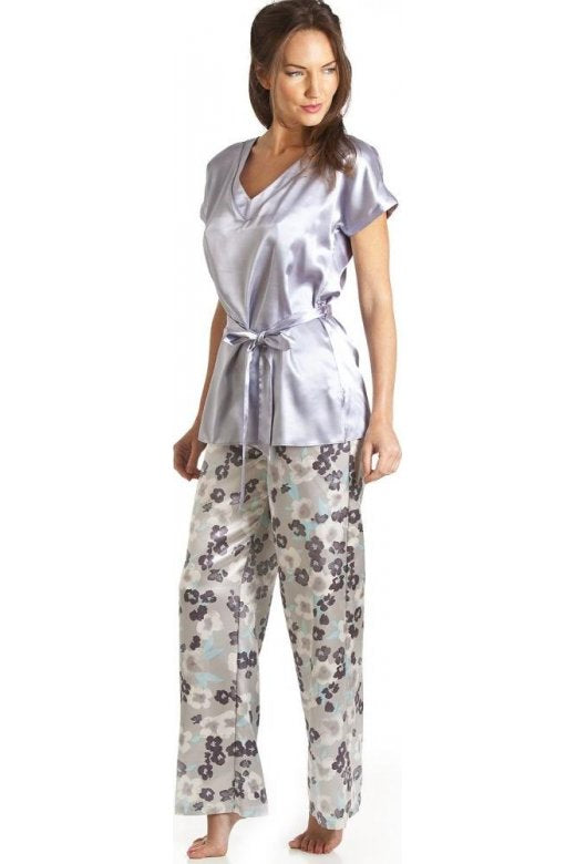 Camille Women's Pyjama Set Grey Floral Print Short Sleeve Satin Nightwear