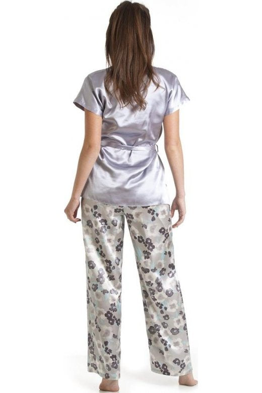 Camille Women's Pyjama Set Grey Floral Print Short Sleeve Satin Nightwear