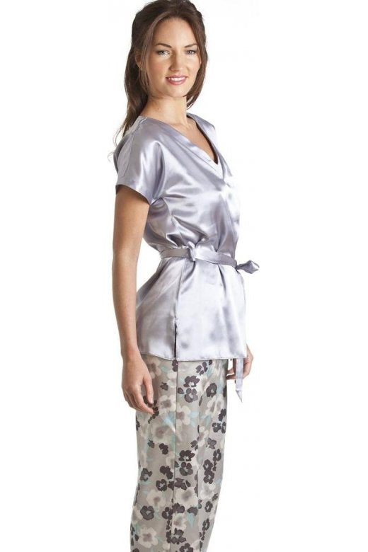 Camille Women's Pyjama Set Grey Floral Print Short Sleeve Satin Nightwear