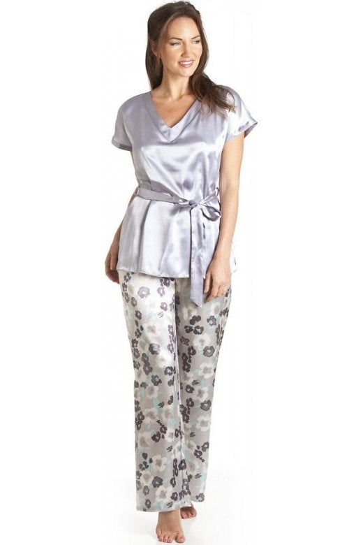 Camille Women's Pyjama Set Grey Floral Print Short Sleeve Satin Nightwear