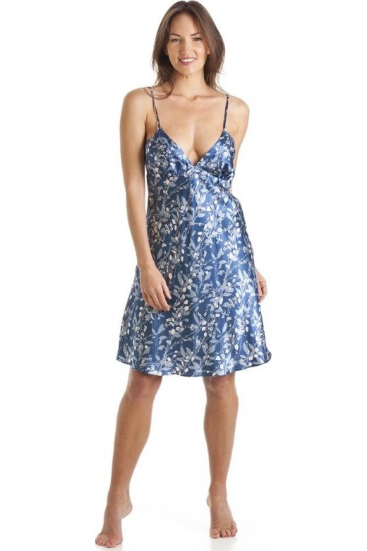 Luxury Kimono Style Blue Floral Satin Chemise And Wrap Set