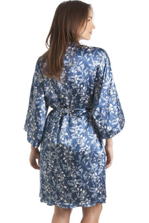 Luxury Kimono Style Blue Floral Satin Chemise And Wrap Set