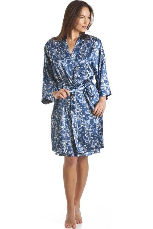 Luxury Kimono Style Blue Floral Satin Chemise And Wrap Set