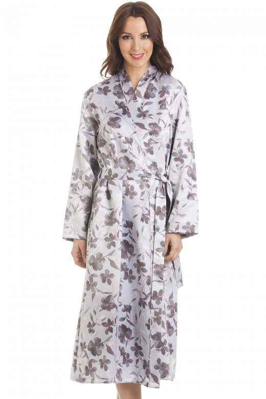 Grey Floral Print Long Satin Light Blue Wrap