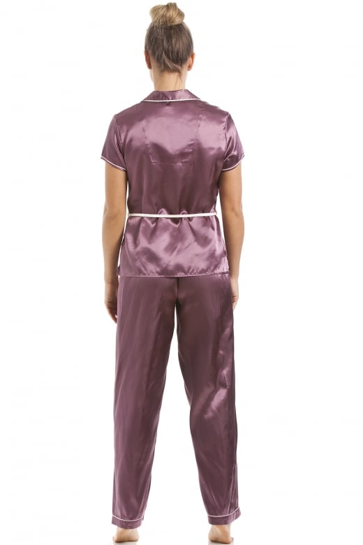 Mocha Short Sleeve Belted Satin Pyjama Set