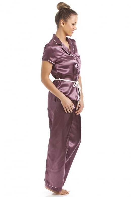 Mocha Short Sleeve Belted Satin Pyjama Set