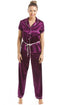 Camille Women's Belted Pyjama Set Dark Purple Short Sleeve Satin Nightwear