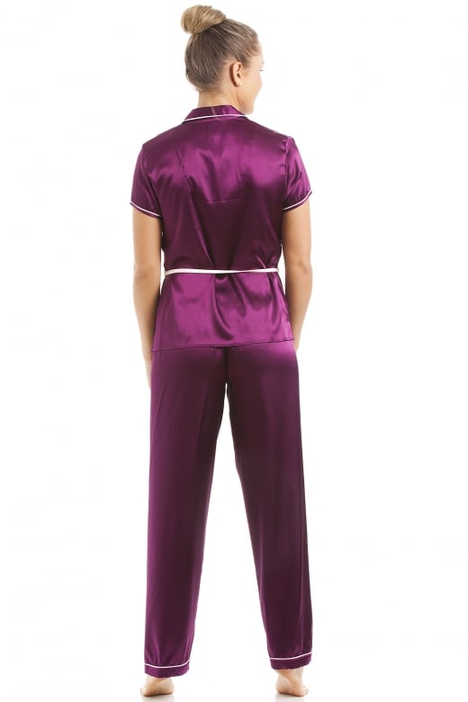 Camille Women's Belted Pyjama Set Dark Purple Short Sleeve Satin Nightwear