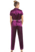 Camille Women's Belted Pyjama Set Dark Purple Short Sleeve Satin Nightwear
