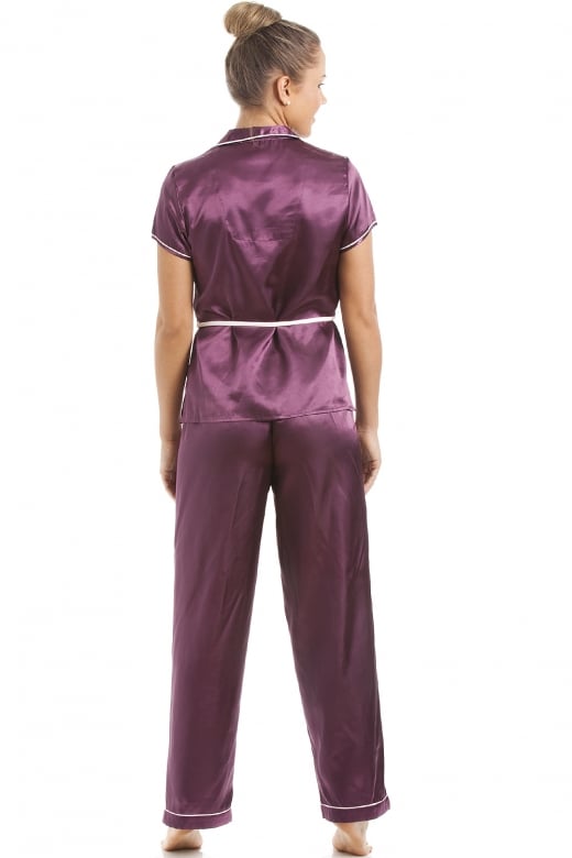Purple Short Sleeve Belted Satin Pyjama Set