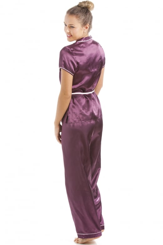 Purple Short Sleeve Belted Satin Pyjama Set