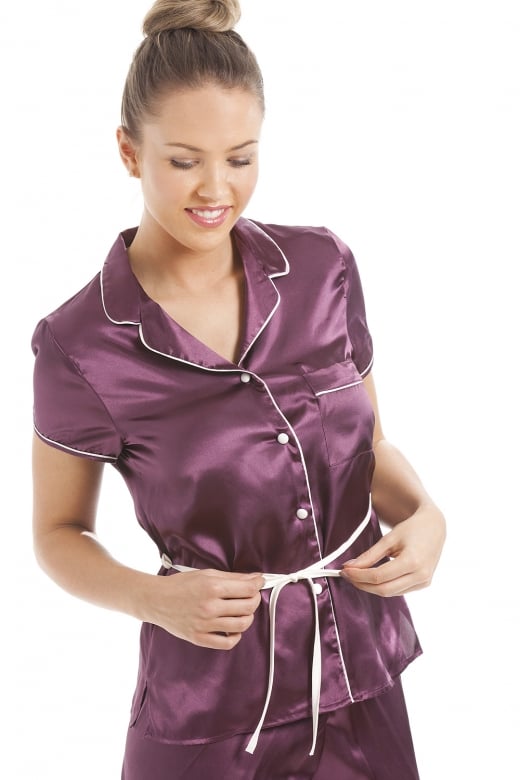 Purple Short Sleeve Belted Satin Pyjama Set