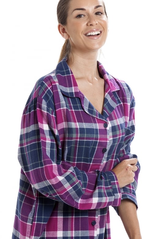 Navy Checkered Long Sleeve Button Front Nightshirt