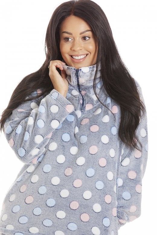 Camille Women's Pyjama Set Grey Multi Coloured Spot Print Soft Nightwear