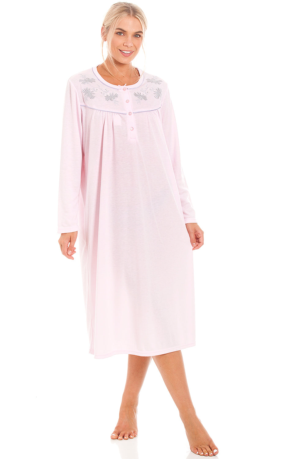 Camille Women's Light Blue Long Sleeve Nightdress with Embroidery & Buttons