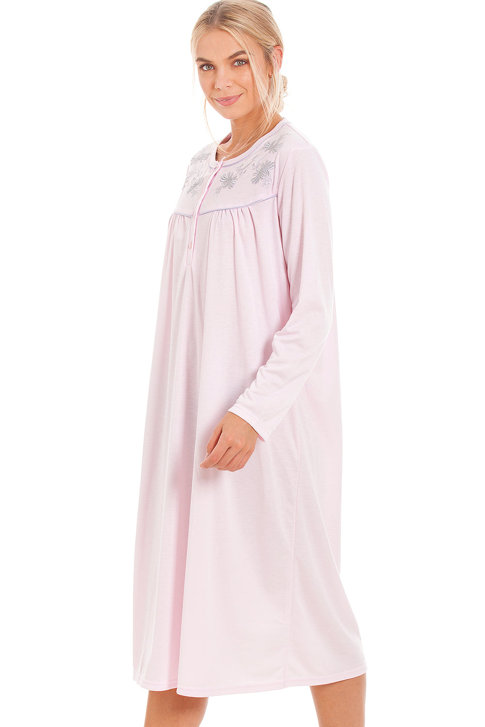 Camille Women's Light Blue Long Sleeve Nightdress with Embroidery & Buttons