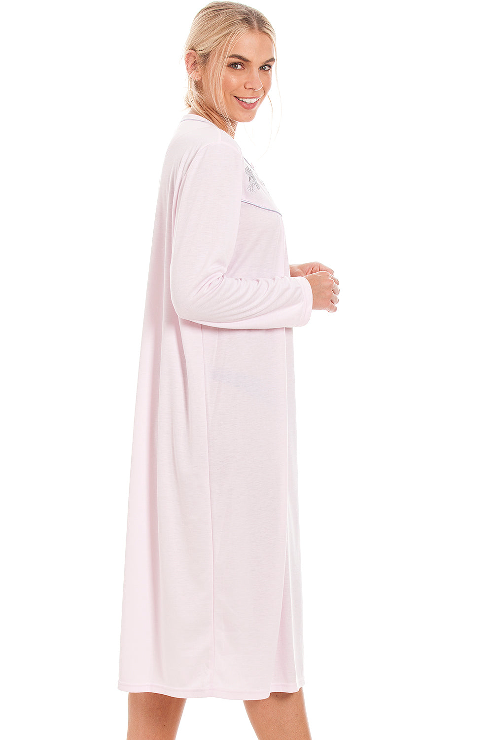 Camille Women's Light Blue Long Sleeve Nightdress with Embroidery & Buttons