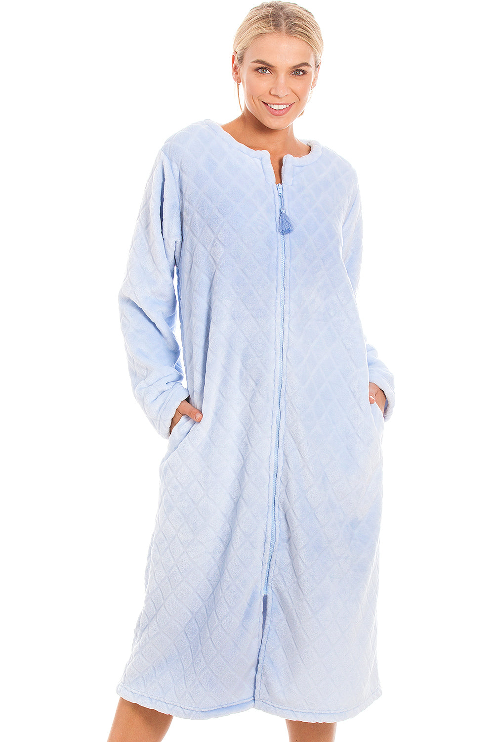 Womens Supersoft Light Blue Zip Front Diamond Print Housecoat