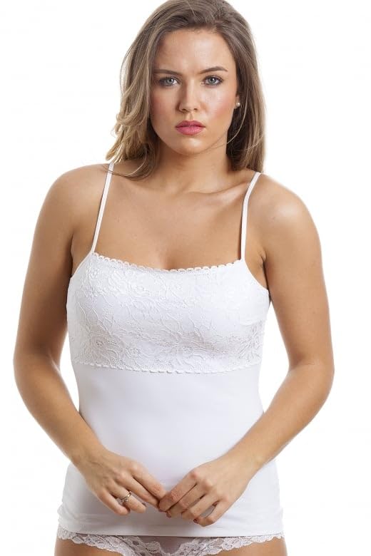 White Floral Lace Trim Stretch Cami Top