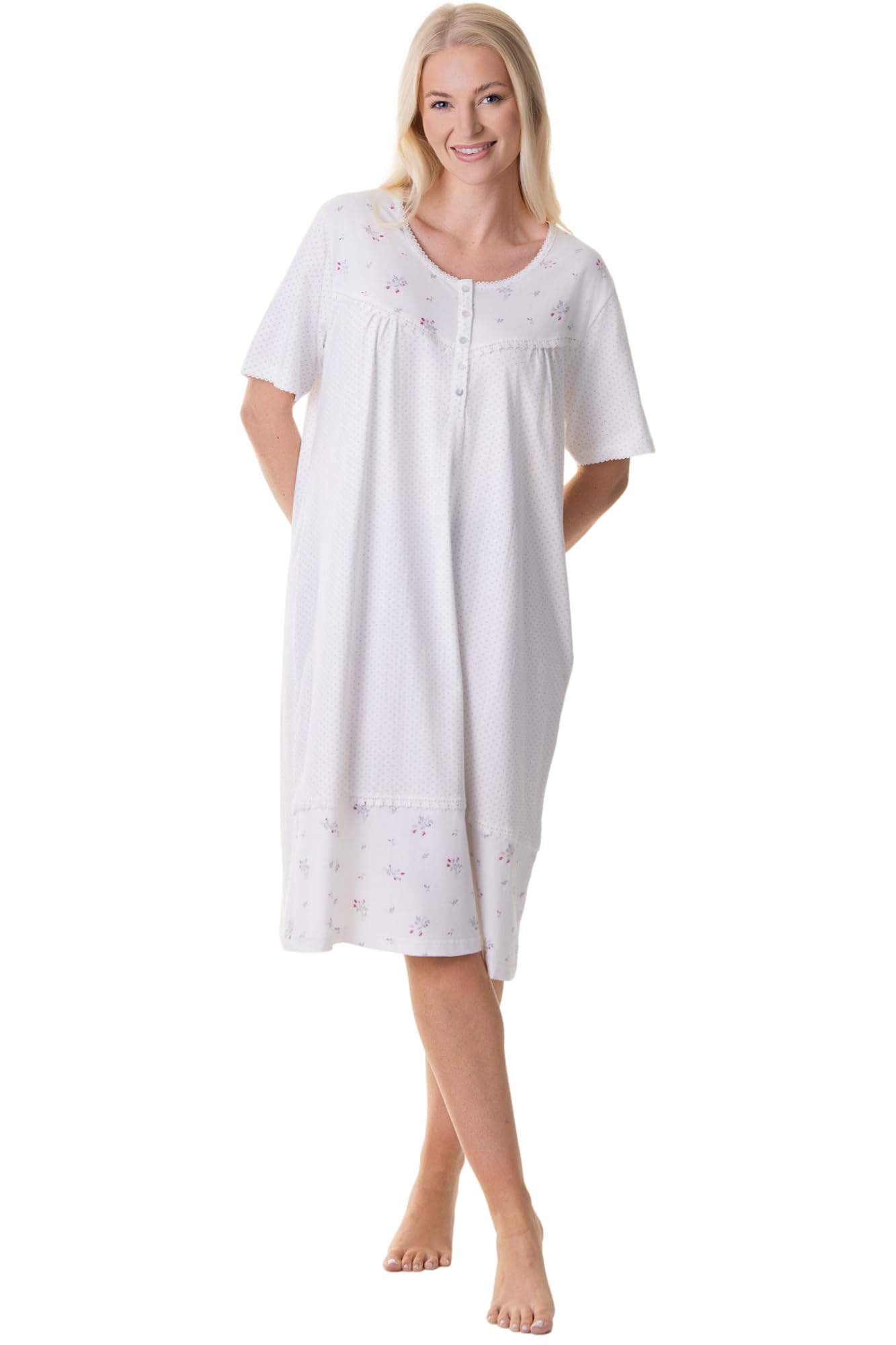 Womens 100% Cotton Short Sleeved Polka Dot White Nightdress