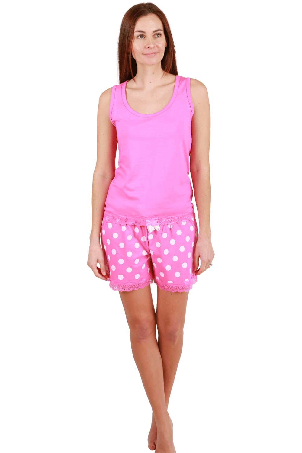 Women's Lightweight Plain Cotton Sleeveless Top Pyjama Set with Elasticated Waist and Lace Detailing