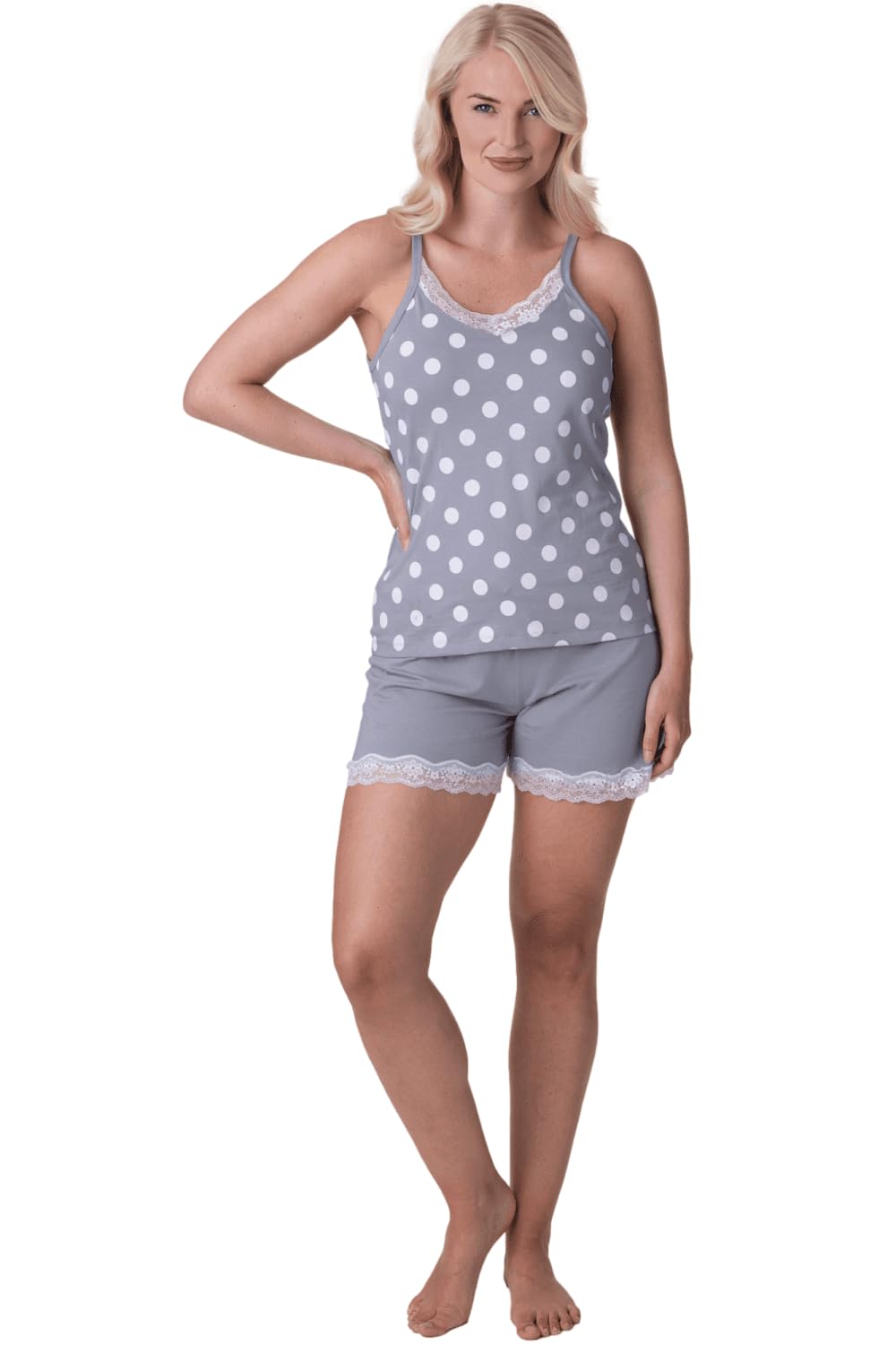 Women's Lightweight Spot Printed Cotton Sleeveless Top Pyjama Set with Elasticated Waist and Lace Detailing
