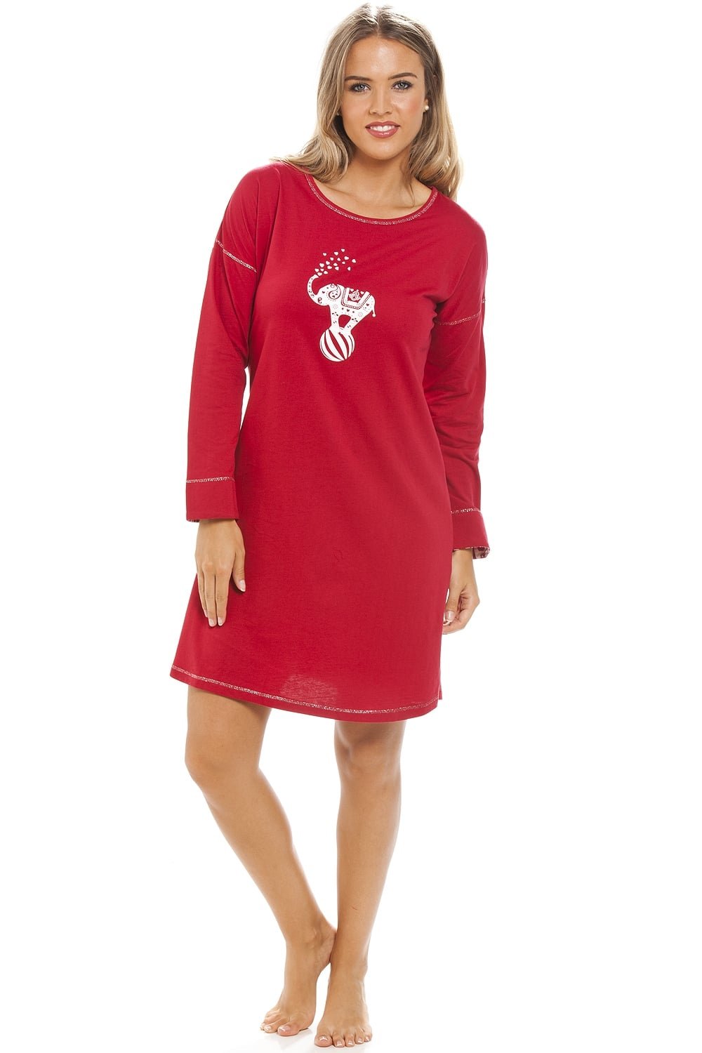 Long Sleeve Elephant Motif Red Knee Length Nightdress
