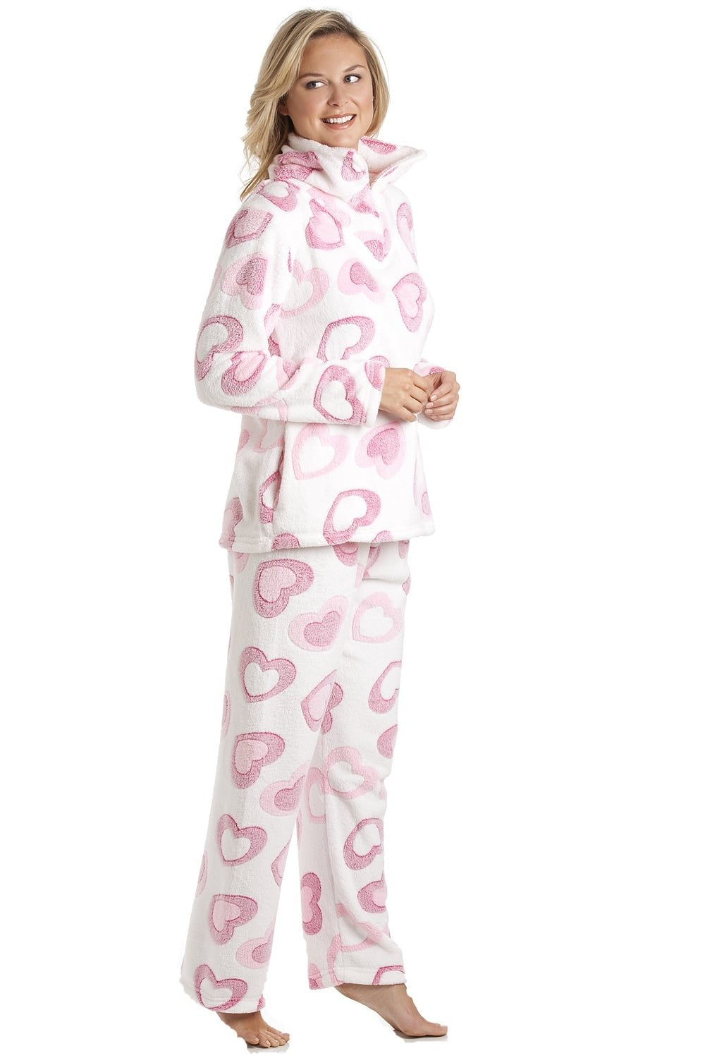 Camille Women's Pyjama Set in White Fleece Pink Heart Print Nightwear