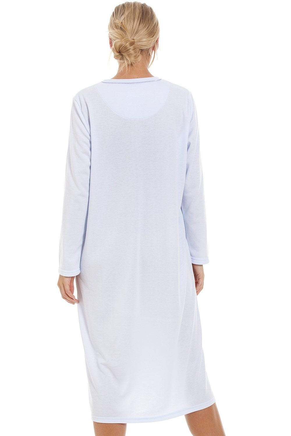 Camille Women's Light Blue Long Sleeve Nightdress with Embroidery & Buttons