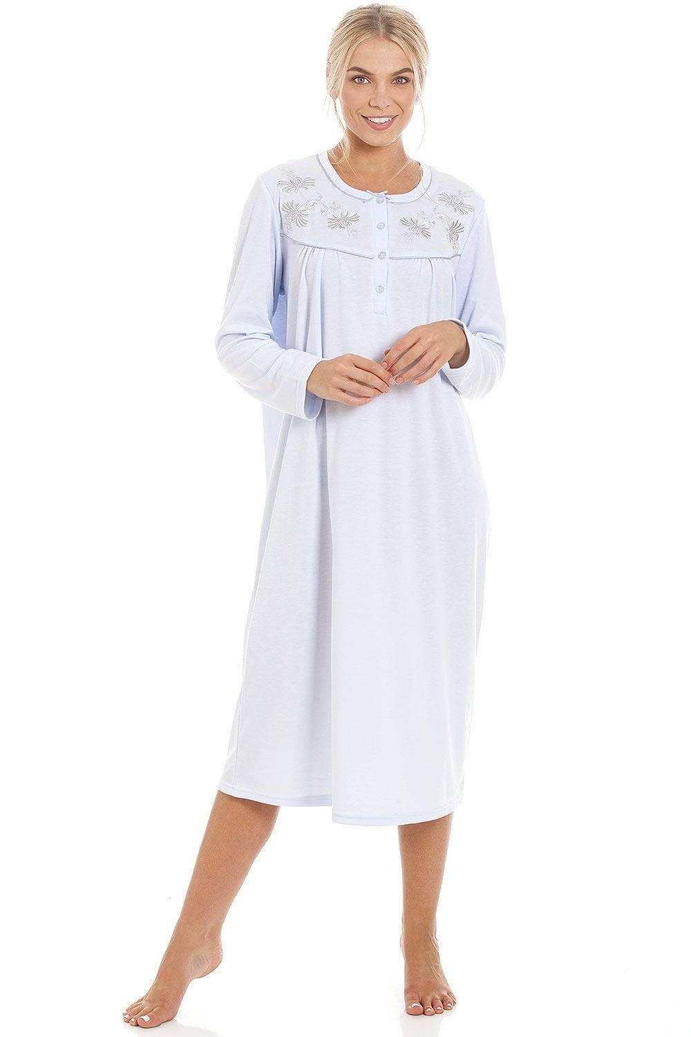 Camille Women's Light Blue Long Sleeve Nightdress with Embroidery & Buttons