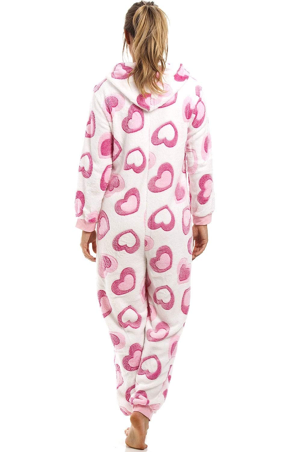 Camille Women's Hooded Onesie in White Fleece Pink Heart Print Jumpsuit