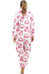 Camille Women's Hooded Onesie in White Fleece Pink Heart Print Jumpsuit