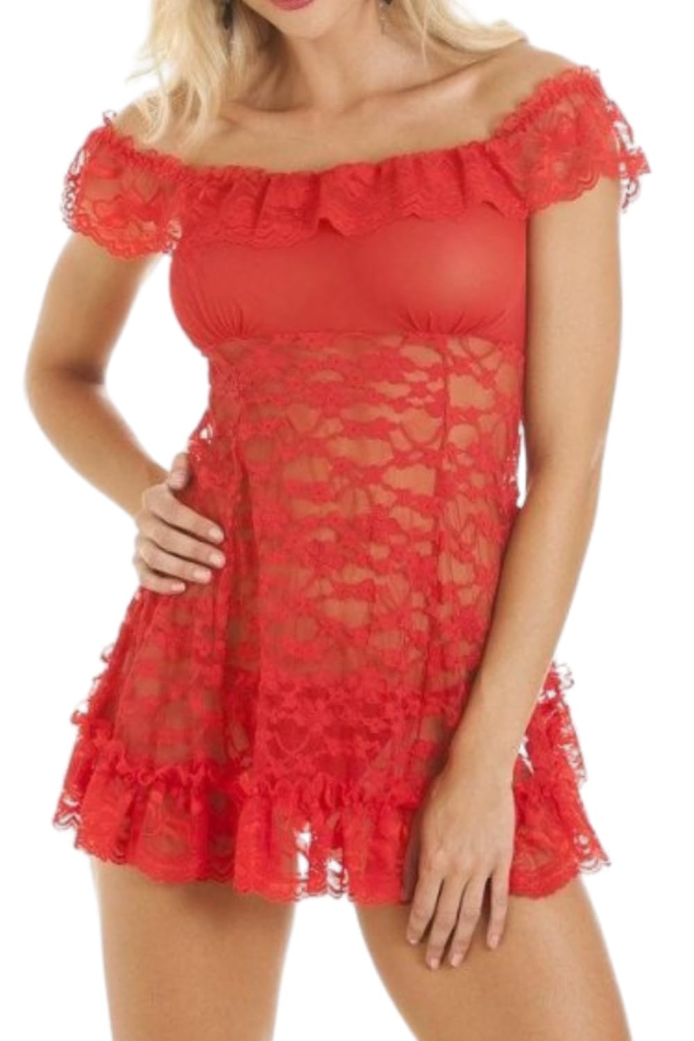 Camille Women's Sheer Lace Mesh Babydoll and G-String Knickers Red