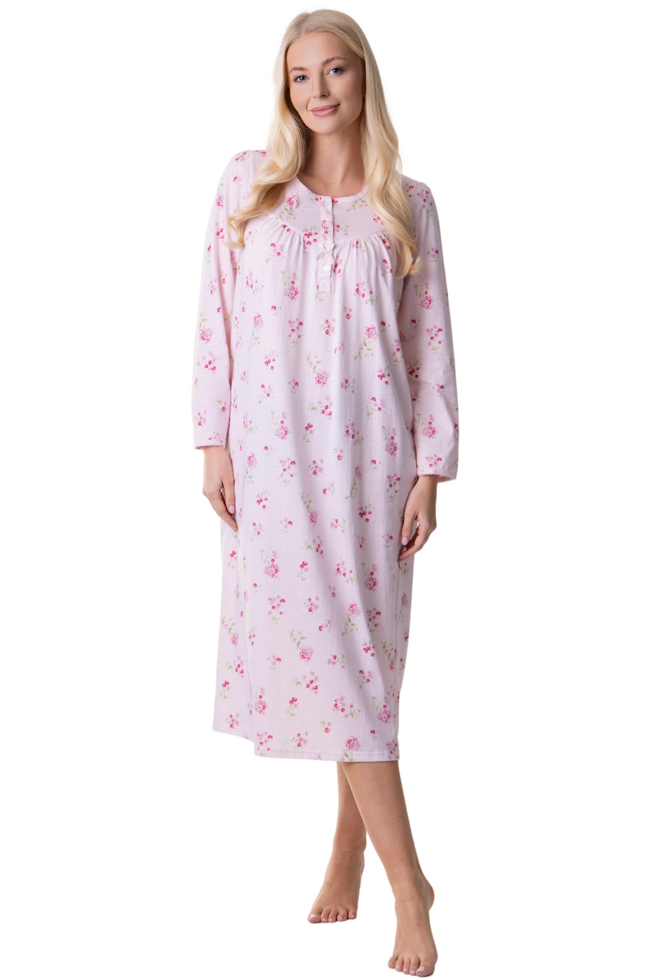 Womens 100% Cotton Classic Floral And Polka Dot Long Sleeved Nightdress