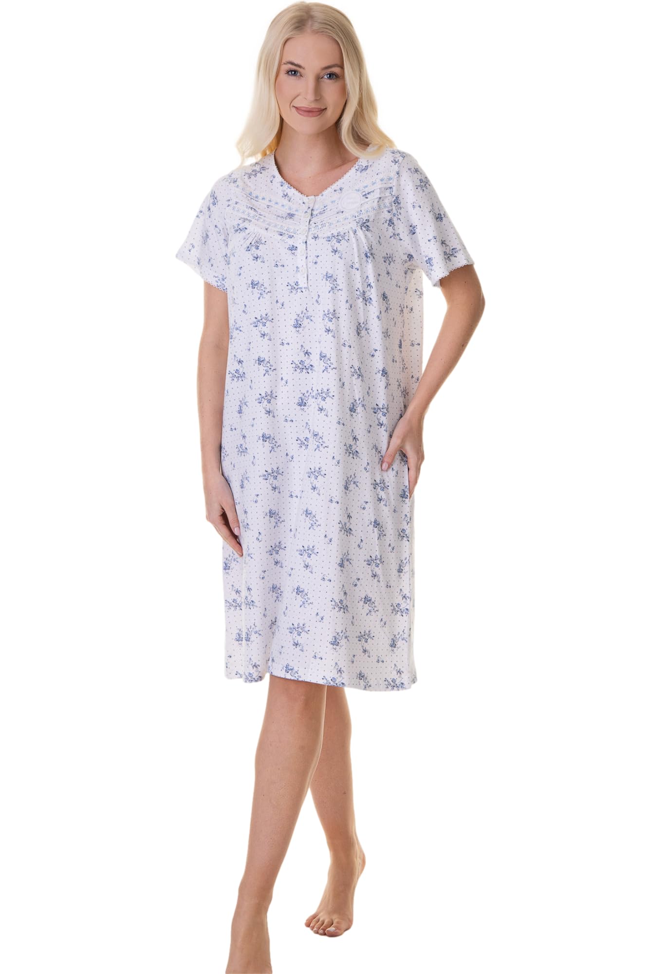 Camille Womens 100% Cotton Luxury Porcelain Floral Short Sleeve Nightdress 