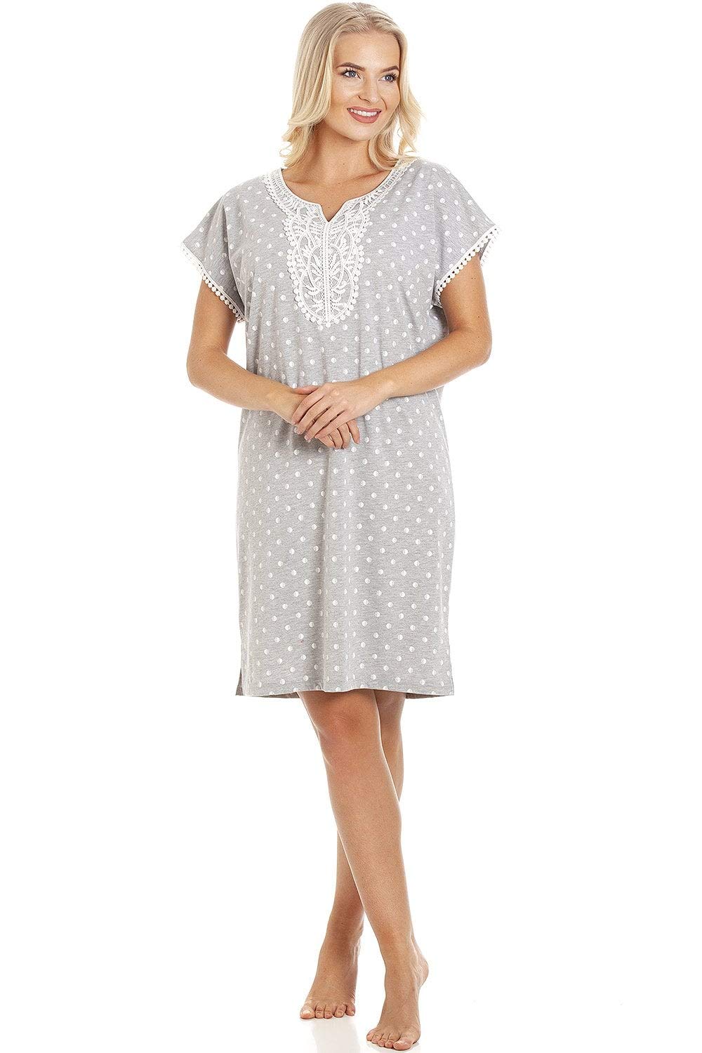 Camille Women's Grey Polka Dot Short Sleeve Nightdress with Lace Detailing