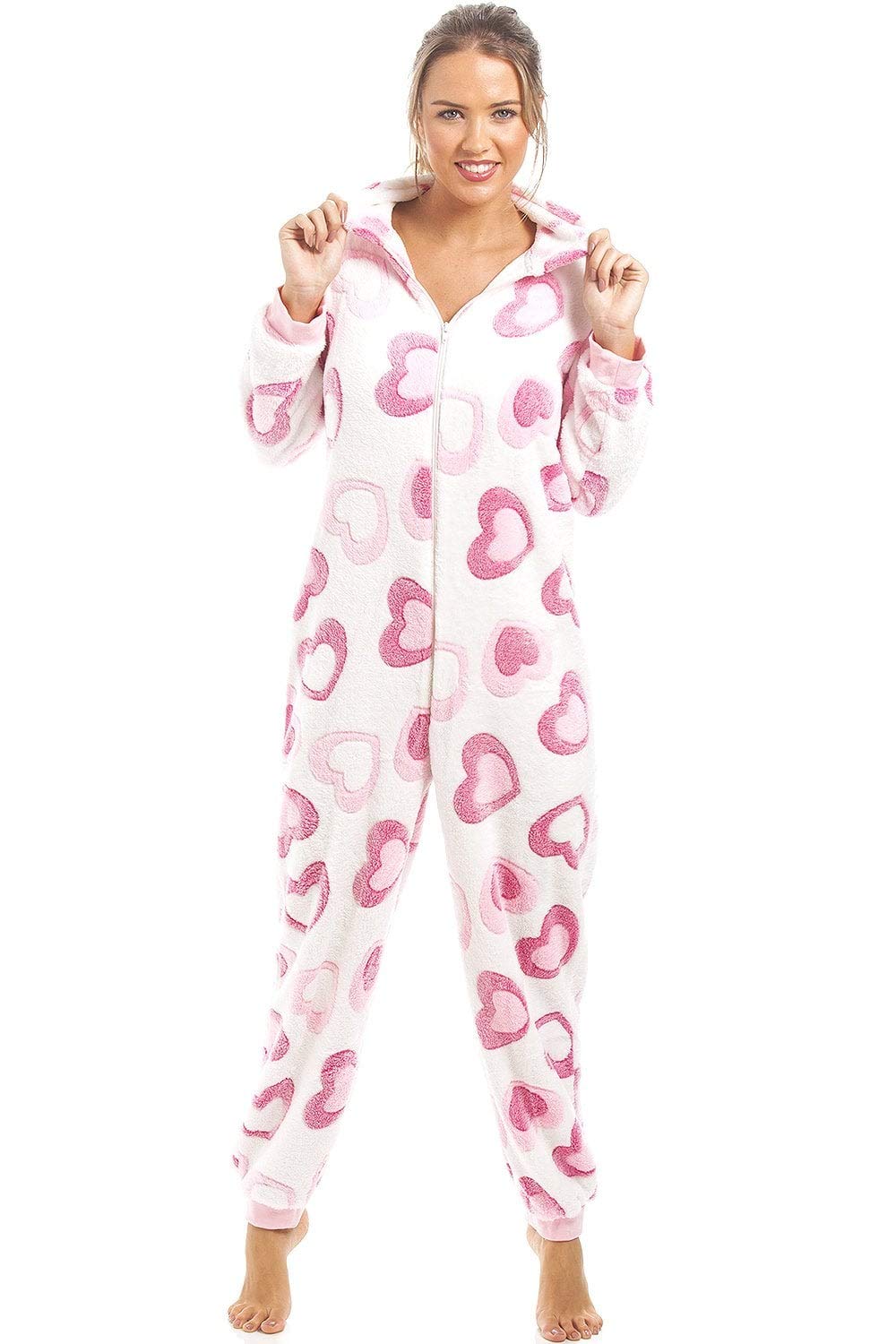 Camille Women's Hooded Onesie in White Fleece Pink Heart Print Jumpsuit