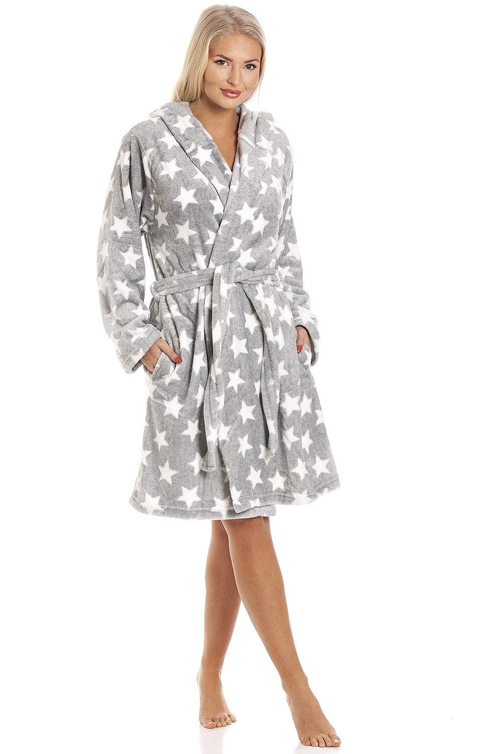 Grey Supersoft Velour Fleece White Star Hooded Bathrobe