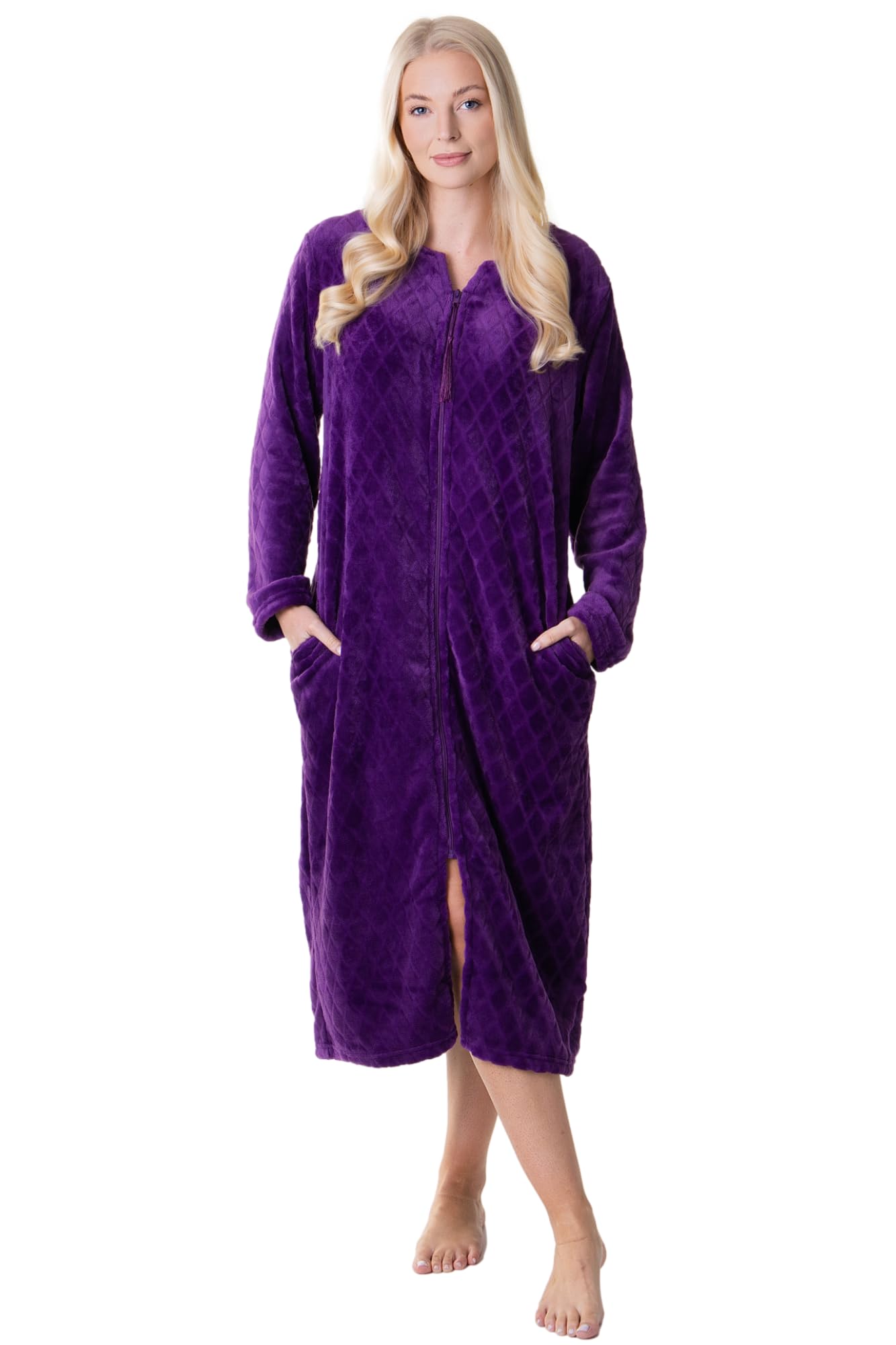 Womens Supersoft Purple Zip Up Diamond Print Housecoat