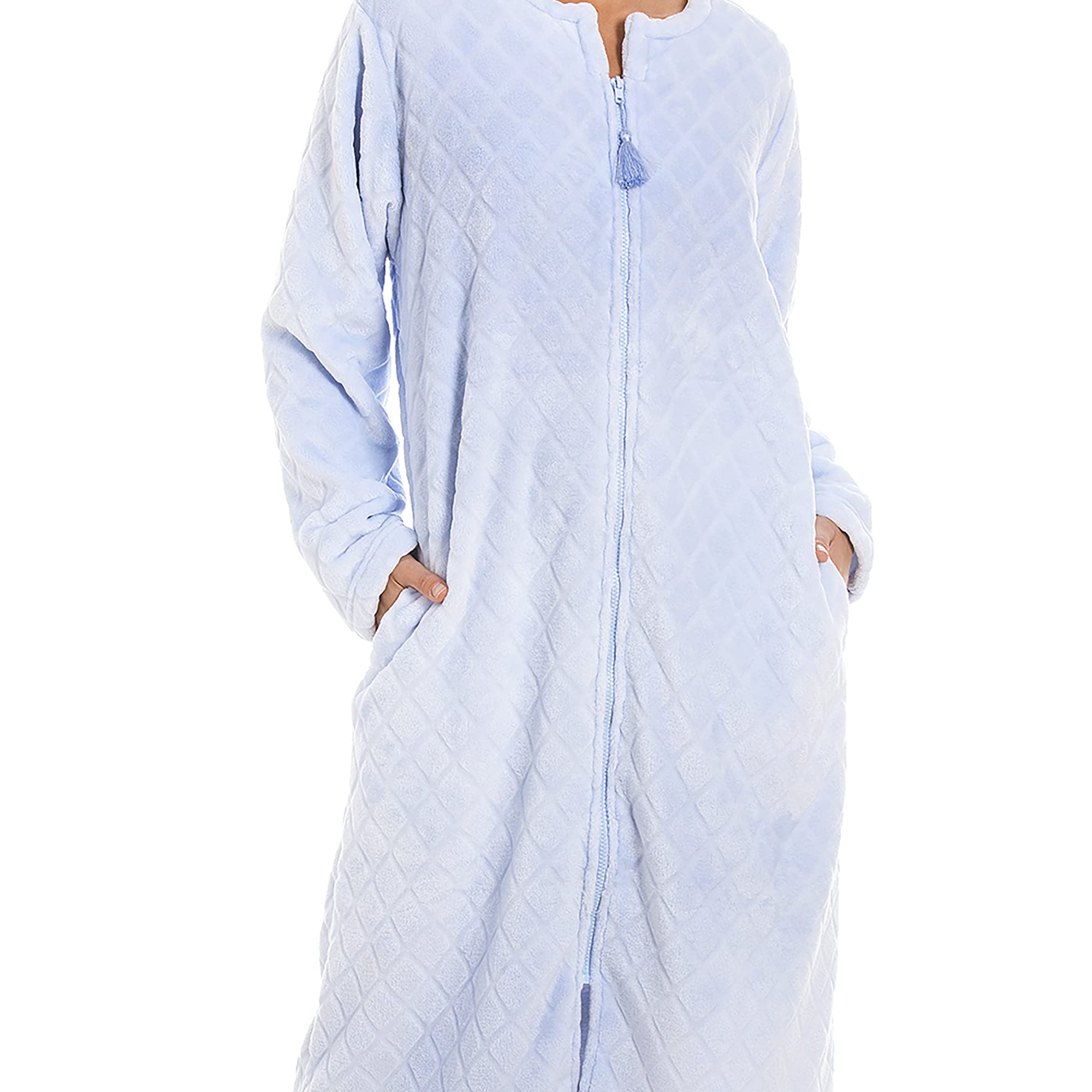 Womens Supersoft Light Blue Zip Front Diamond Print Housecoat