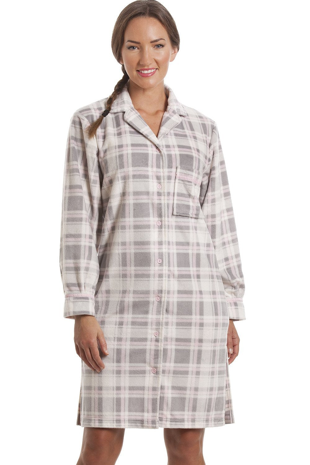 Camille Women's Button Front Nightshirt in Grey Check Fleece Nightwear