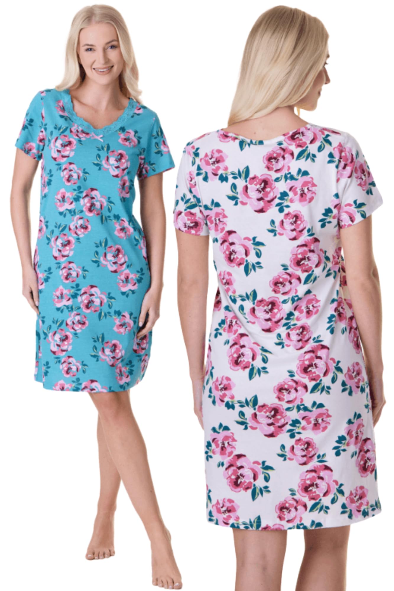 Camille 2 Pack Short Sleeved Summer Cotton Nighties - Breathable & Lightweight Nighties for Women