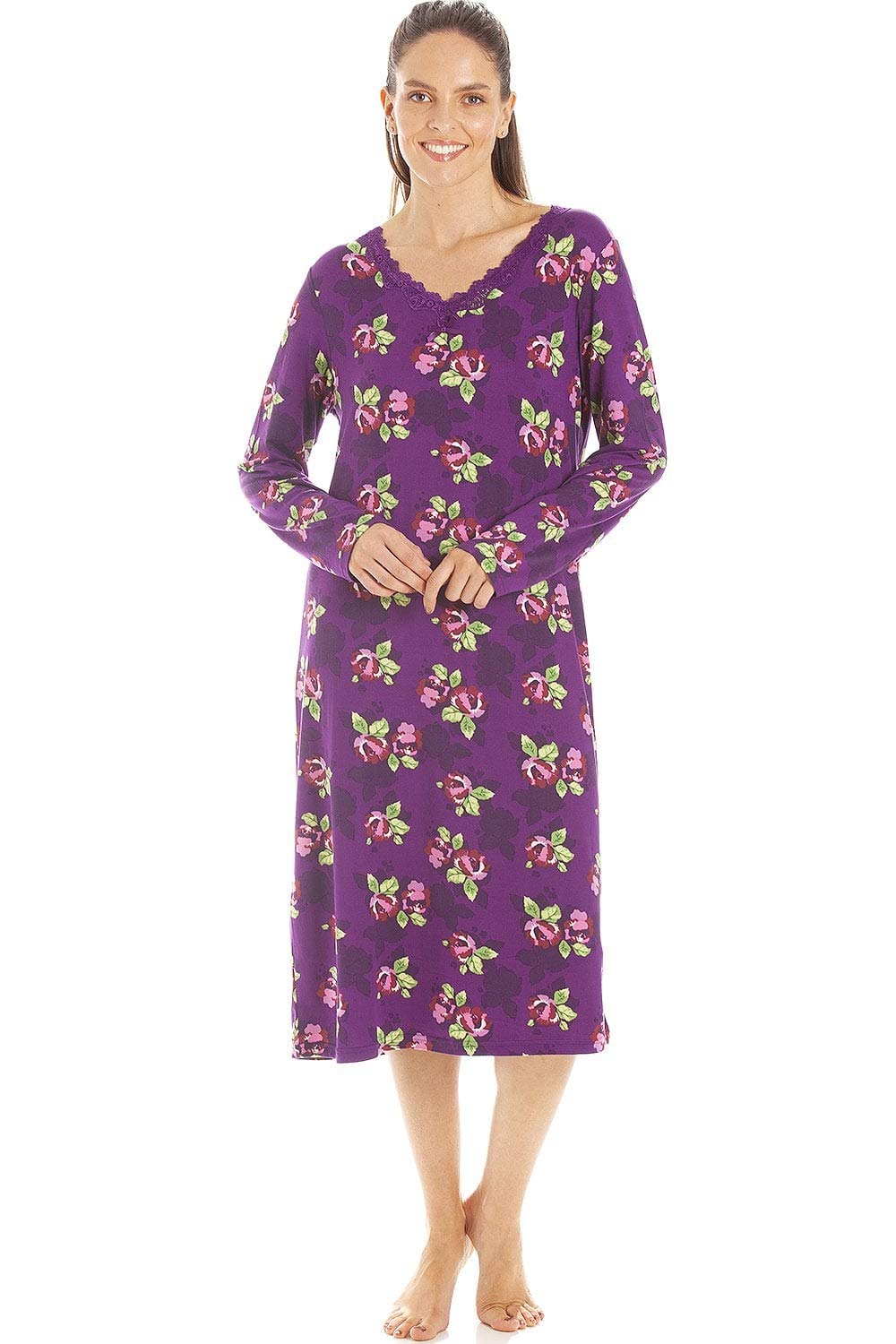 Womens Floral Print Spandex Knee Length Long Sleeve Nightdresses