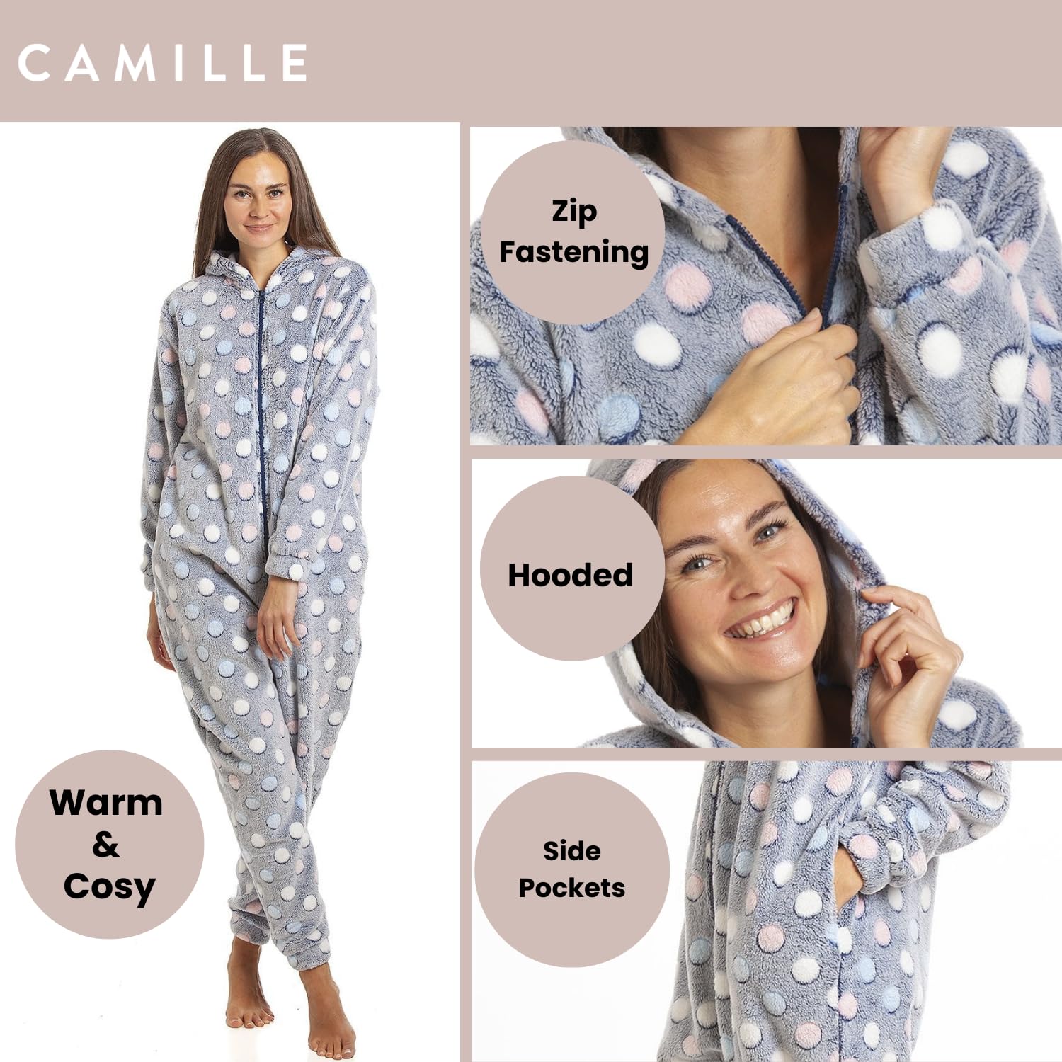 Womens Multi Coloured Spot Print Supersoft Grey Onesie